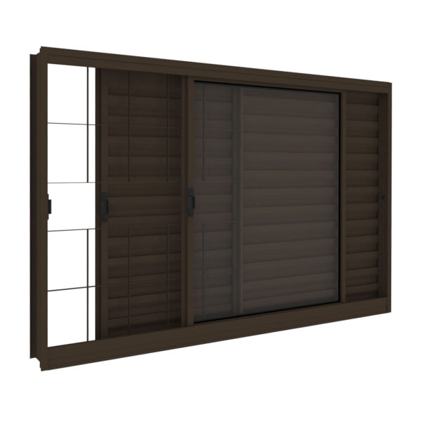 Veneziana 3 Folhas Com Grade Quadriculada Aço Bronze Com Vidro Incolor